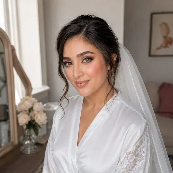 Bride getting ready in an ivory robe with soft glam makeup, by Sadaf Bridal